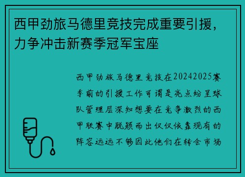 西甲劲旅马德里竞技完成重要引援，力争冲击新赛季冠军宝座